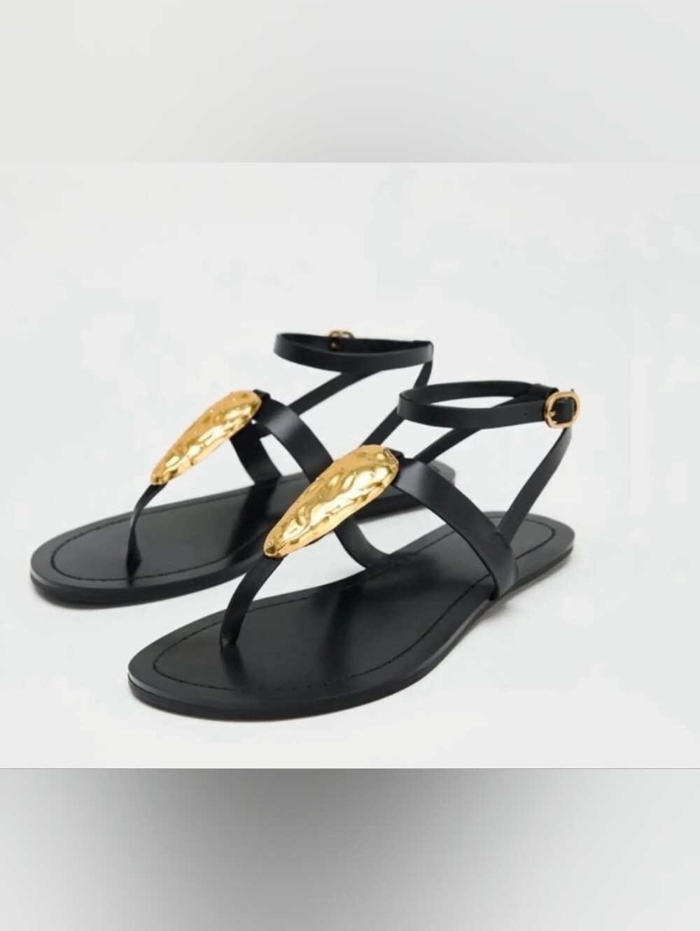 ZARA Black Flat Sandals Metallic Appliqué Gold Jewel Detail Ankle Strap - Picture 2 of 8